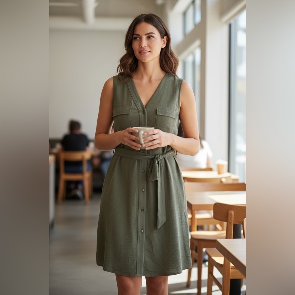 DKNY Olive Green Midi Dress. Size 14.